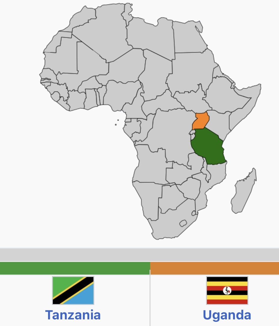 Map of Africa highlighting Tanzania, Kenya, and Uganda